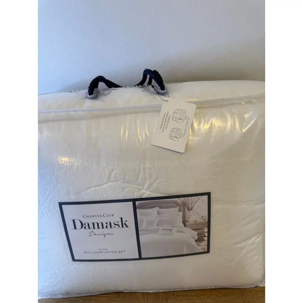 Charter Club Damask King Comforter Set White 3 Pc Cotton Blend NEW $400